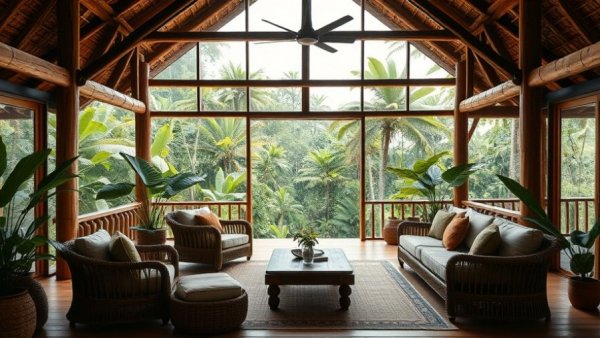 Eco-friendly lodge in Bali with woven furniture and lush views.