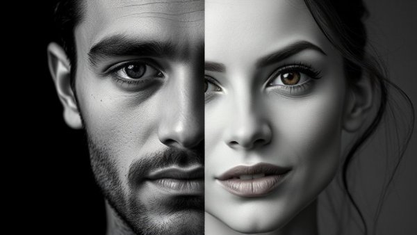 Split male and female face illustrating podcast gender gap