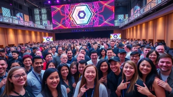 Group of diverse conference attendees at tech event with vibrant stage design.