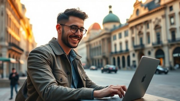 Young man working outdoors on a laptop, eco-friendly lifestyle.