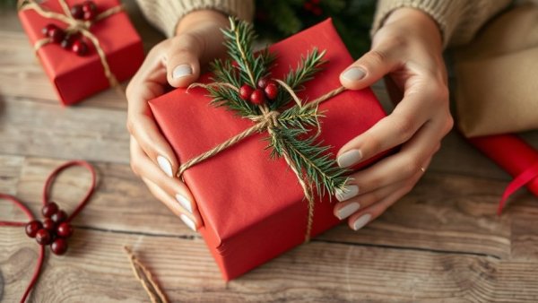 Eco-friendly wrapping of sustainable Christmas gifts with pine decor.