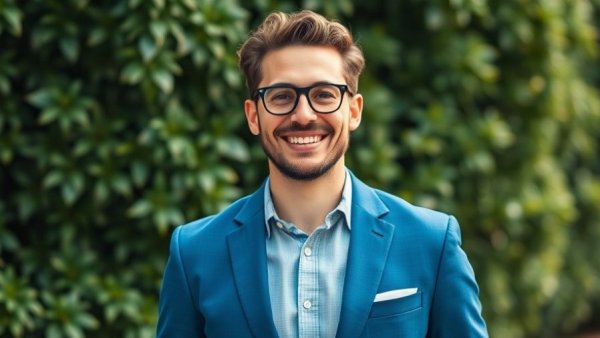 Smiling man outdoors in blue suit, sustainable tourism advocate.