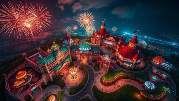 DraculaLand mega-resort night view with fireworks and rides.