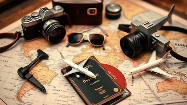 Vintage travel items conveying global tourism in 2026.