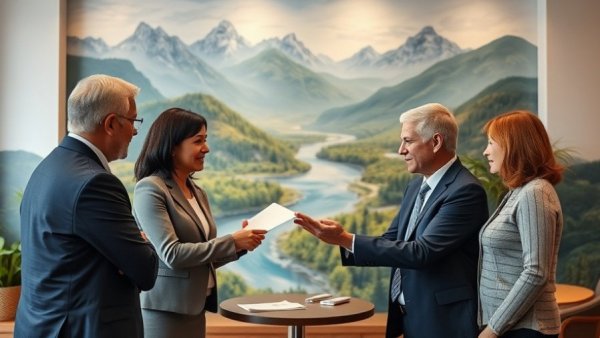 Formal meeting in front of a scenic mural on sustainable cooperation in tourism.