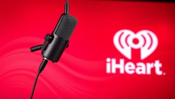 iHeart Podcast microphone with red background highlighting iHeart Netflix podcast deal.