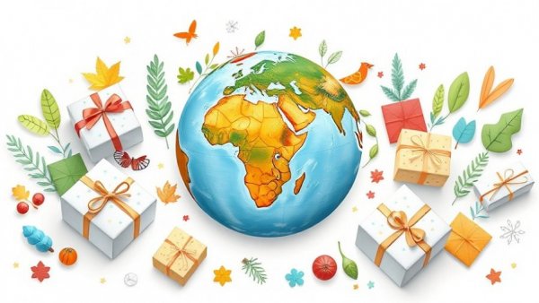 Sustainable and Ethical Gifts: Illustrated Earth surrounded by colorful gifts and nature.