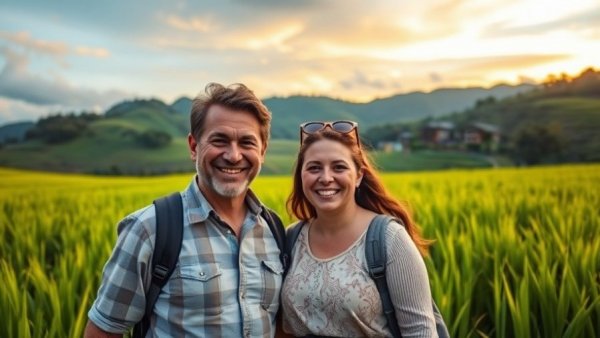 Smiling couple in rice field promoting sustainable travel impact.