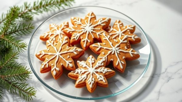 Gingerbread snowflake cookie on plate with pine branch for sustainable Christmas ideas.