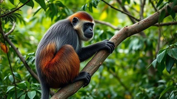 Monkey in Yunlong Tianchi forest perched on branch.