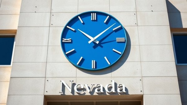 Large blue clock on a concrete wall with the text 'Nevada'.