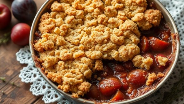 Golden plum crumble in a metal dish on rustic table.