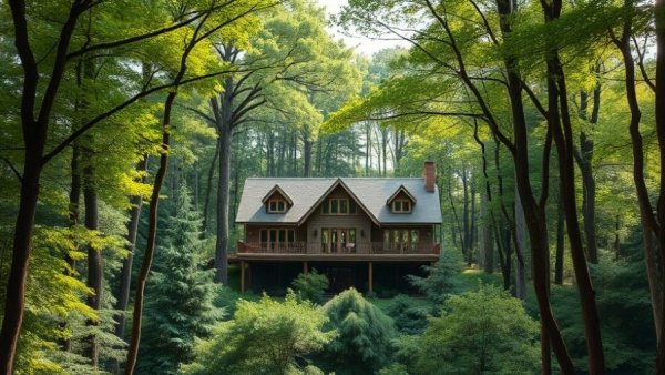 Eco-friendly hotel maximizing recycling during renovations in a forest.