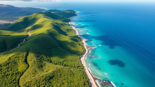 Aerial view of lush green coastline and winding road, promoting sustainable travel East-West Corridor.