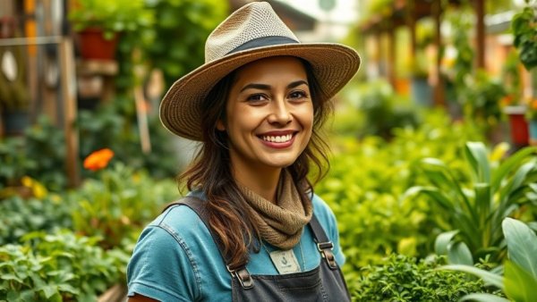 Woman gardener smiling on Bangkok rooftop farming initiative.
