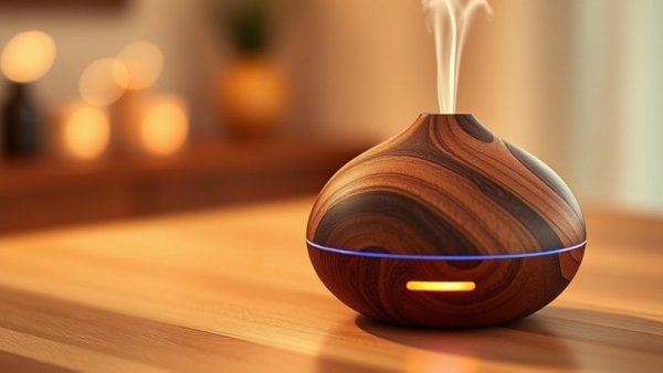 Elegant wooden essential oil diffuser glowing on a wooden surface.