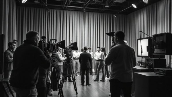 Vintage television studio setup during live filming, illustrating video podcast technology evolution.