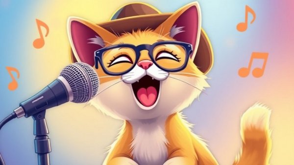 Playful cartoon cat singing about best singing courses for 2025