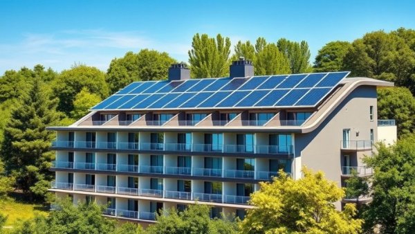 Modern hotel with solar panels showcasing sustainable hotel amenities 2025