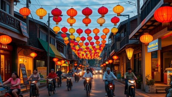 Hoi An green transportation with bicycles and lanterns at dusk