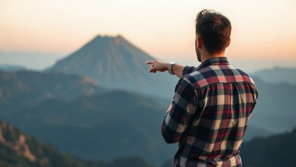 Person pointing at volcano in mountains, Podcast creation 2025.