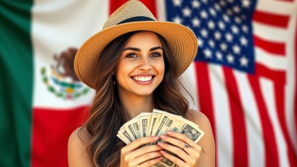 Young woman smiling with money in front of Mexican and US flags, symbolizing growing number of Mexican visitors to the U.S.