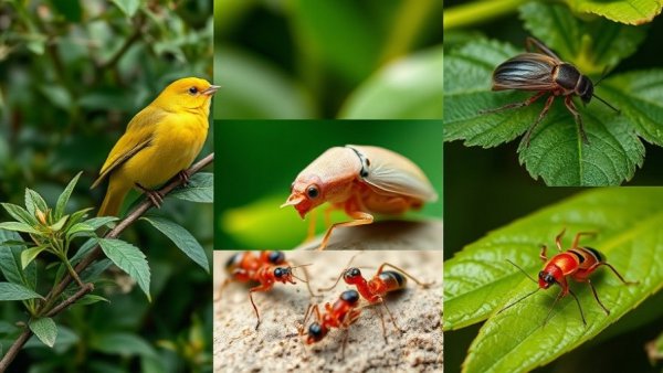 Biodiversity collage with bird, insect, ants, and cockroach.