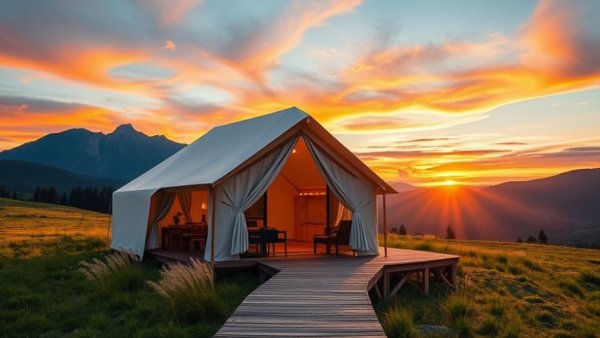 Luxurious glamping tents at sunset, glamping vs camping.
