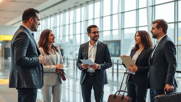 Business travelers discussing plans at an airport, emphasizing the importance of personal business travel.