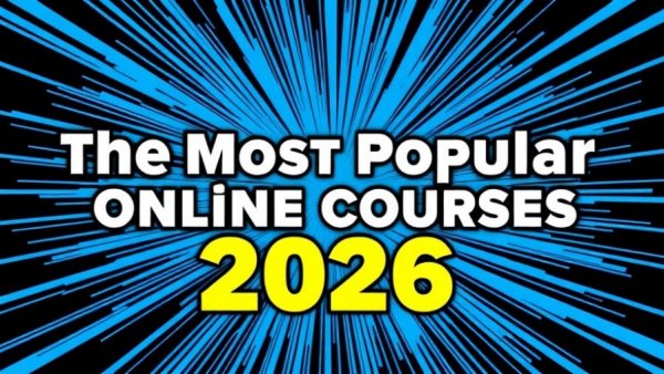 Vibrant graphic design highlighting the most popular online courses 2026.