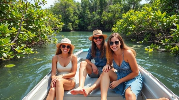 Sustainable travel in Galápagos: Friends enjoying a boat ride.