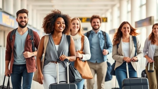 Gen Z travelers walking in airport, impacting hospitality.