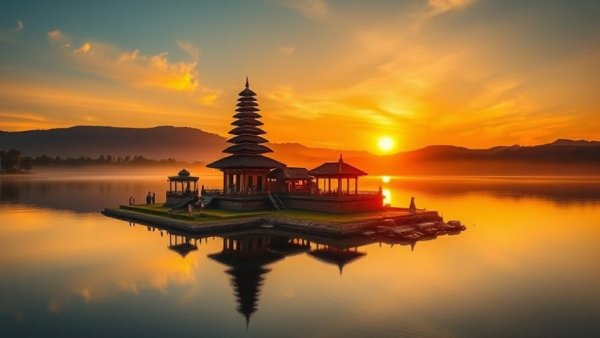 Indonesia Eco-Islands: Balinese temple at sunrise by lake.