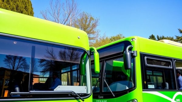 Bright green buses parked under a clear blue sky in the daytime.