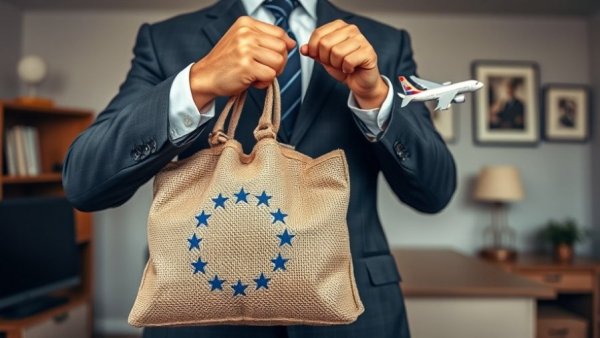 Businessman with EU air passenger rights symbols: bag and plane.