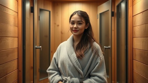 Woman in a sauna practicing sustainable biohacking.