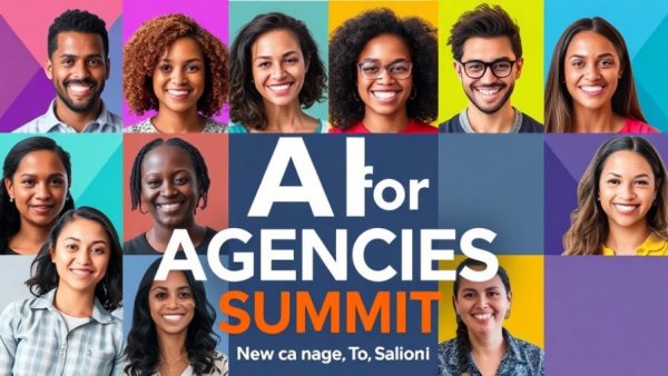 AI marketing strategy summit promotional graphic with diverse professionals.