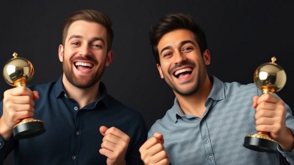Two men with trophies highlighting podcast awards integrity, smiling.