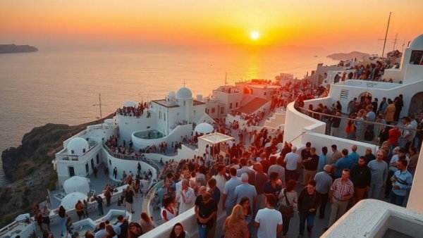 Santorini overtourism crisis during sunset with crowded streets.