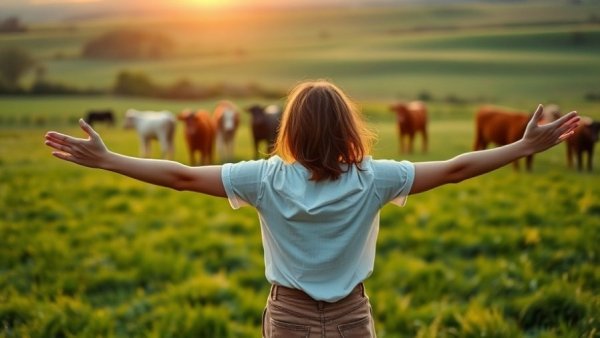 Young travelers prefer rural tourism; woman enjoys scenic cow pasture.