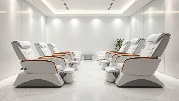 Modern spa pedicure chairs showcasing serene spa design with marble flooring.