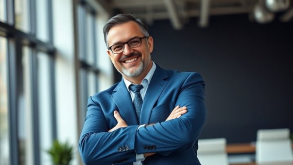 Confident middle-aged man in a blue suit smiling in an office.