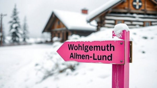 Directional sign for Wohlgemuth Almen-Runde amidst snowy landscape.