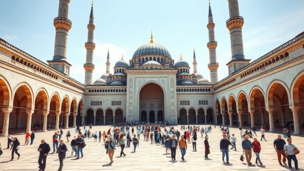 Grand mosque courtyard in Saudi Arabia, showcasing sustainable tourism.
