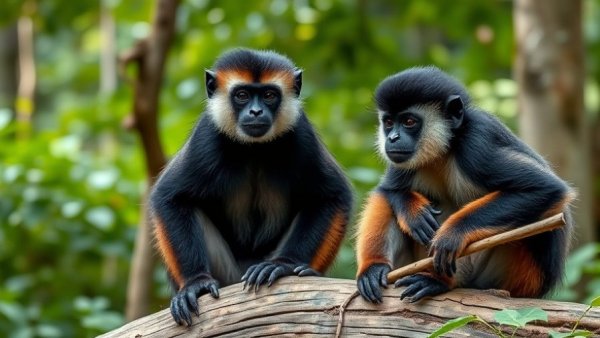 Two gibbons in a forest promoting sustainable tourism in Phuket.
