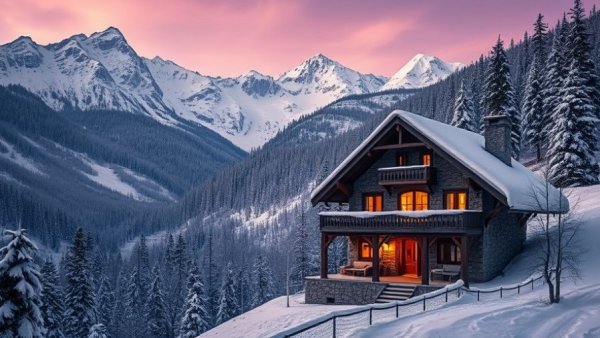 Rustic chalet in Maira Valley at dusk surrounded by snowy mountains.