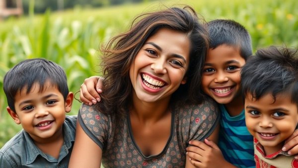 Young woman medical volunteering in Ghana, smiling with children in rural setting.