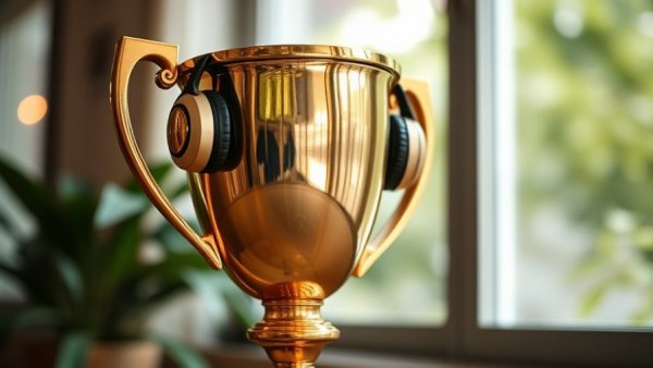 Gold trophy with headphones spotlighting Ambies livestream tonight.