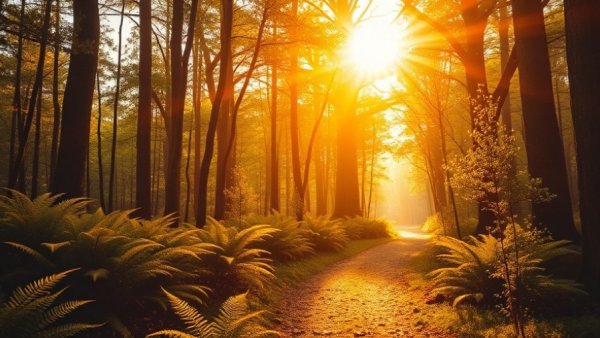 Sunlit forest path in the Black Forest, golden light filtering through trees, sustainable travel concept.