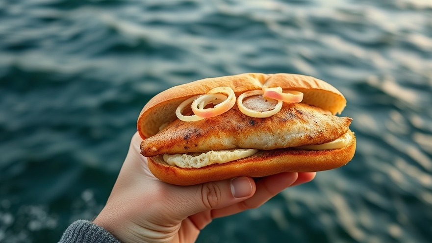 Close-up of a hand holding a traditional fish sandwich, highlighting sustainable culinary practices.